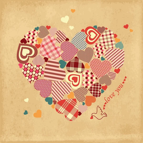 Cartão de Dia dos Namorados com corações, fonte e pomba em uma folha de papel velho Broun —  Vetores de Stock