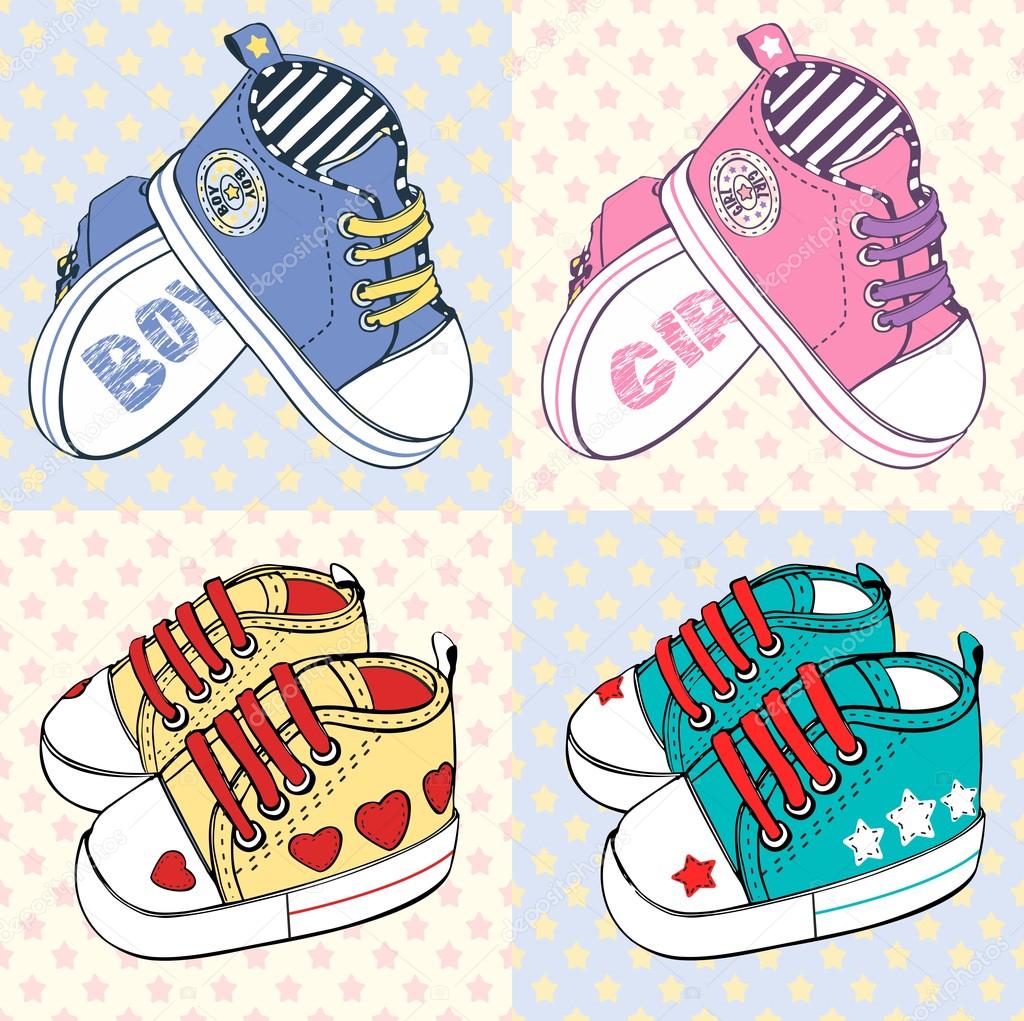 Illustration of cute baby's sneakers with shoelace, chevron, embroidery and print( classic model). Pink sport shoes for gils and blue shoes for boys. First sneackers. Seamless texture with stars as background.