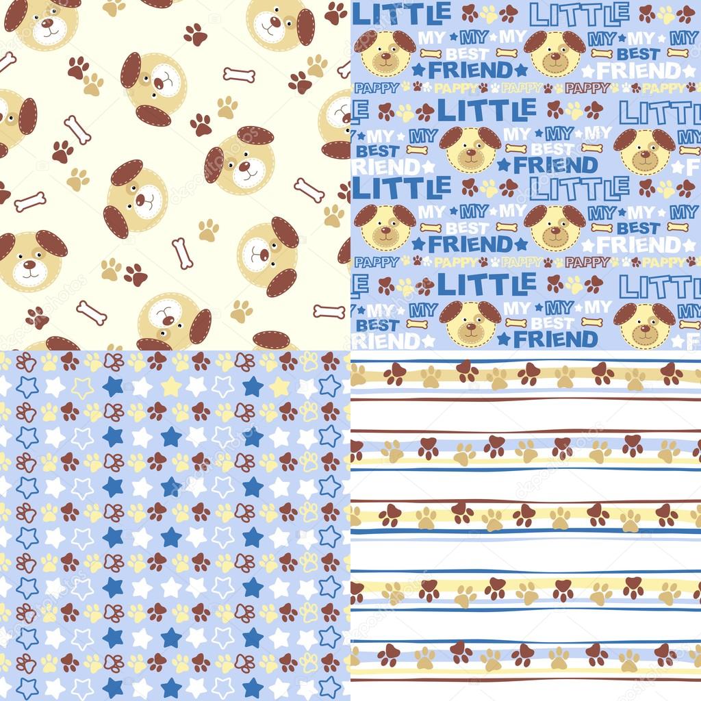 Set of four seamless textures with cartoon dogs, font, stars and other elements