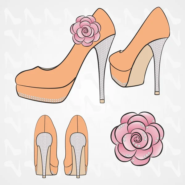 Women's high-heeled shoes with decor in the form of crystals and big fabric rose — Stock Vector