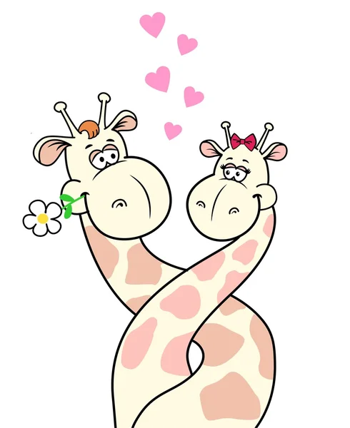 Ilustração vetorial de duas girafas de amor com longos pescoços e corações manchados — Vetor de Stock