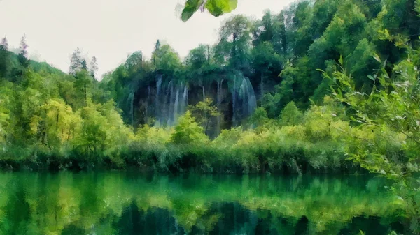 エメラルドの植物、湖、滝などの魔法の世界。水 — ストック写真