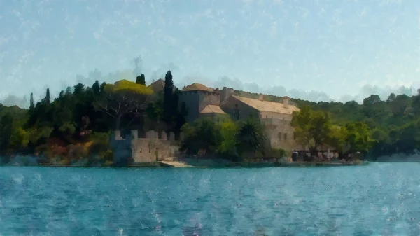 Antico, rovinato, monastero abbandonato perso tra gli alberi su un s — Foto Stock