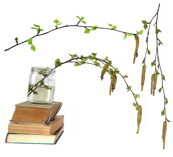 Ελαιογραφία, drowing σημύδας κλαδί με ανθοφορία catkins, άνθος — Φωτογραφία Αρχείου