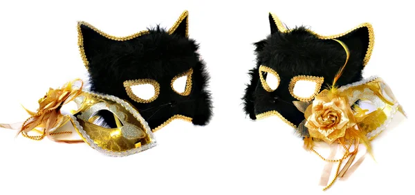 Máscaras de oro con la flor de tafetán y esponjoso gato negro para —  Fotos de Stock