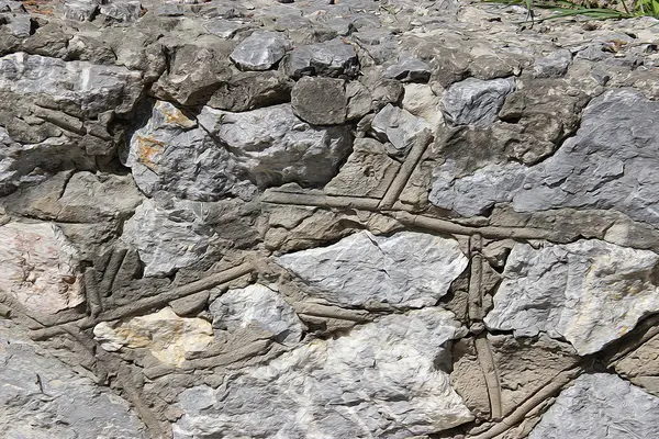 ランダムな灰色の石で作られたオイル塗料乾燥した石の壁. — ストック写真