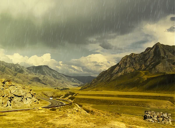 Illustration, oljefärg, regnig höstdag landskap. Altai Mount — Stockfoto