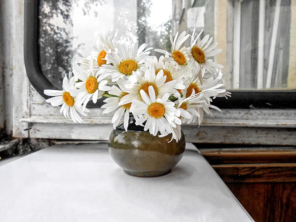 창에 세라믹 꽃병에 꽃 부케의 그림 — 스톡 사진