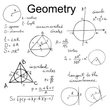 Background with hand draw geometry formulas, mathematics vector  clipart