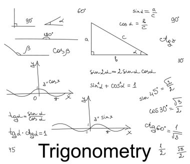 Background with hand draw trigonometry formulas, mathematics vec clipart