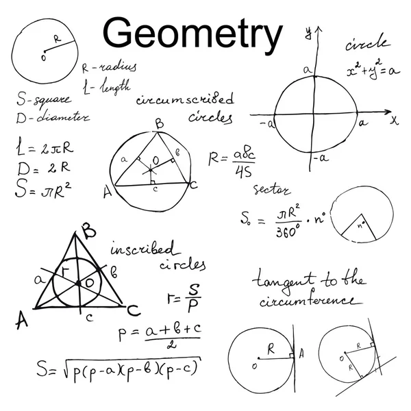 Bakgrunden med hand dra geometri formler, matematik vektor — Stock vektor