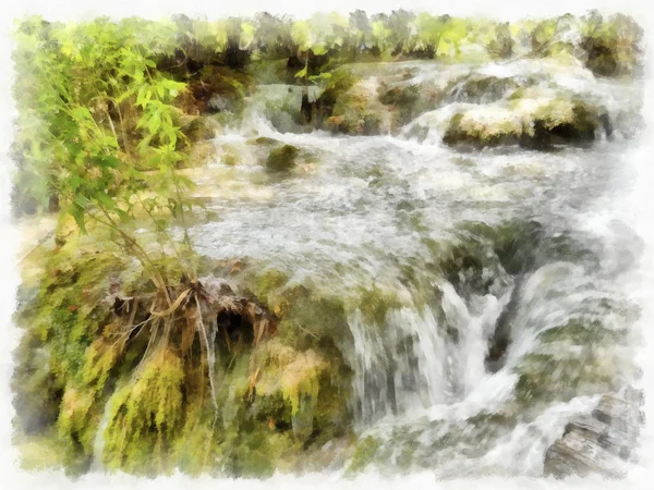 Kleiner Wasserfall auf einem felsigen Gebirgsbach, Aquarell — Stockfoto