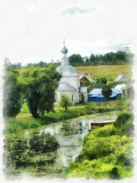 Church on the river bank in the Russian province, Watercolor — Stock Photo, Image