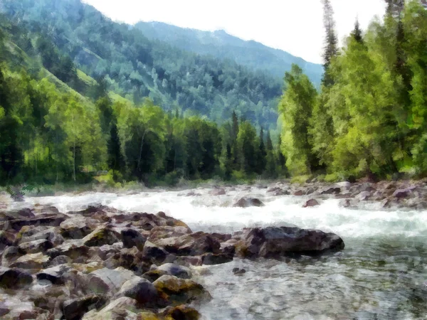 Aquarela Pequena cachoeira em um riacho rochoso da montanha, Altai — Fotografia de Stock