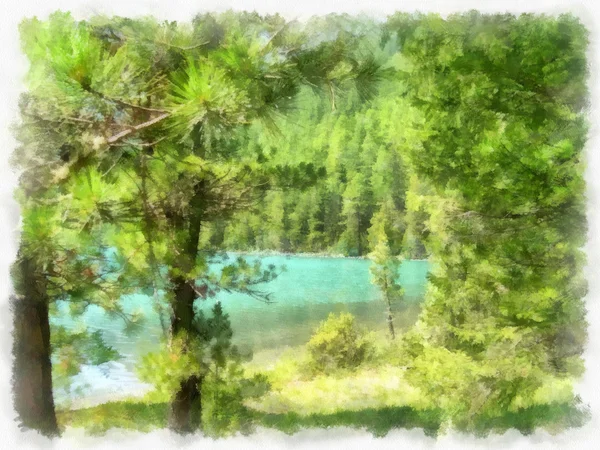 Aquarelle Paysage riverain dans les montagnes de l'Altaï — Photo