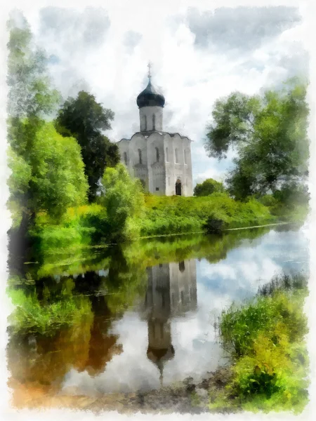 Eglise aquarelle sur la rive de la rivière dans la province russe — Photo