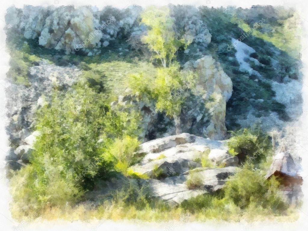 Watercolor rocky hillside