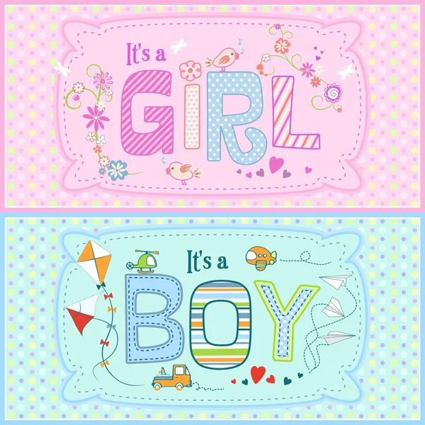 Vector illustration of two cute cards for baby boy and baby girl in pink and blue tones — Stock Vector