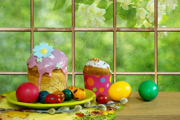 Easter Still Life Easter Cakes Colorful Eggs Background Window Rain — Zdjęcie stockowe