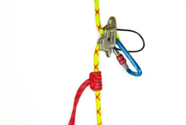 System classic dulfer using belay equipment ATC, isolated on white background. Sport equipment designed for self descent on a rope. Climbing gears it consists of rappel device, knot prusik, carbine clipart