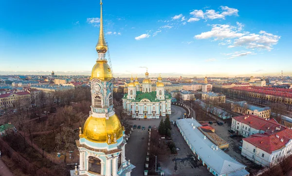 stock image Aerial top view to St. Nicholas Naval Sea Cathedral in sunny day. Panorama of evening historical city center. Orthodox church located on banks of Kryukov and Griboyedov canal. Saint Petersburg. Russia