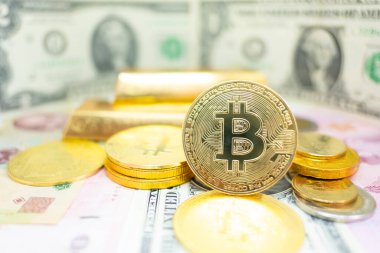 Altın Bitcoin engelleme teknolojisi izometrik kavram geleceğin teknolojisi için uygundur