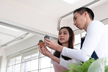 Mutlu Asyalı Aşıklar ya da birbirine aşık çiftler, tatilde aktiviteler yapmak, Asyalı aile ağacını bahçeye dikmek. Tatilde, hafta sonunda ya da sevgililer gününde yeşil doğa bitkisinde birlikte mutlu bir şekilde gülümseriz..