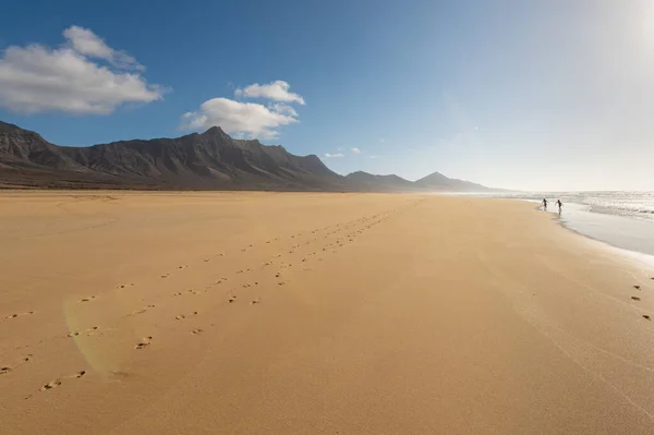 Fußabdrücke Sand Strand Von Cofete Insel Fuerteventura Kanarische Inseln Spanien — Stockfoto