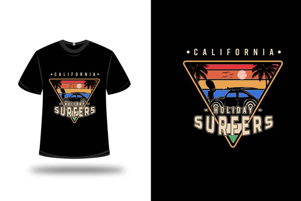 Camiseta California Vacaciones Surfistas Color Naranja Amarillo Azul — Vector de stock