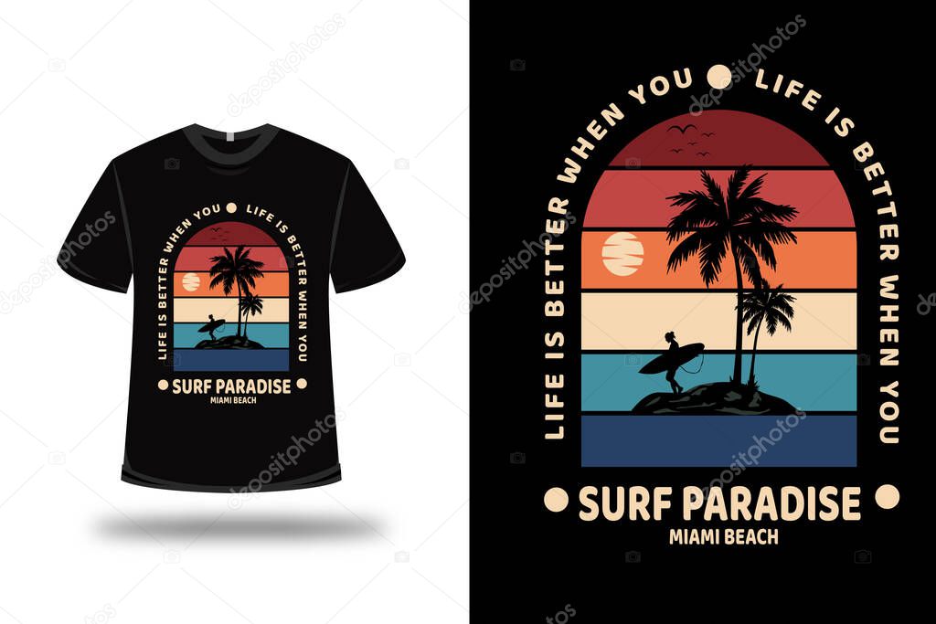 T-shirt surf paradise miami beach color red yellow and blue