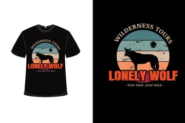 Tişört yaban hayatı, yalnız kurt, turuncu yeşil ve krem rengi.