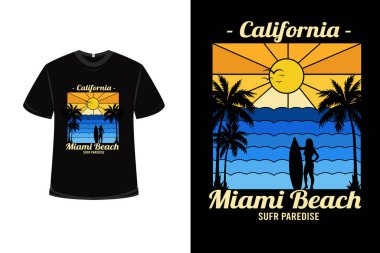 Tişört Kaliforniya Miami plaj sörf cenneti sarı ve mavi gradyan