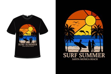 Tişört sörfü yazı Santa Monica plaj rengi turuncu ve mavi gradyan