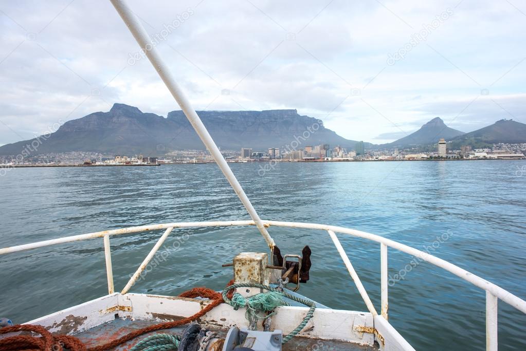 View of table mountain from the bow of boat