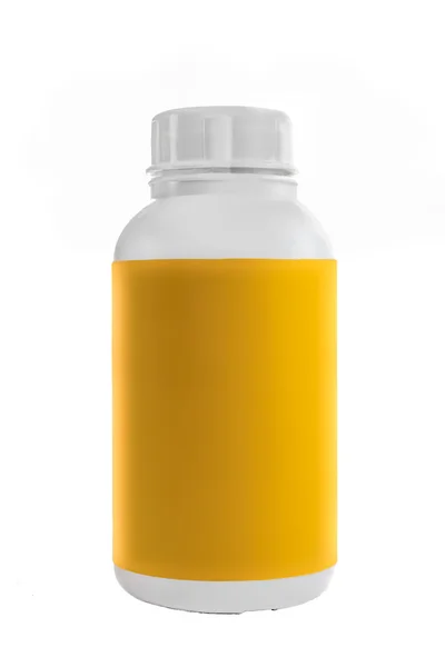 Recipiente de plástico branco com etiqueta amarela e tampa branca . — Fotografia de Stock