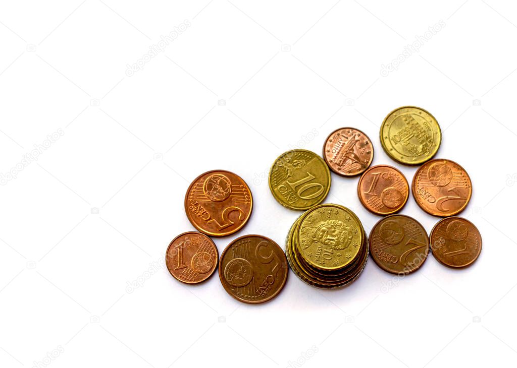 Isolated coins money euro cents rate of payment on white background