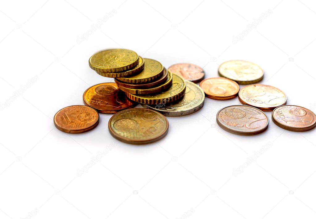 coins money euro cents rate of payment on white background