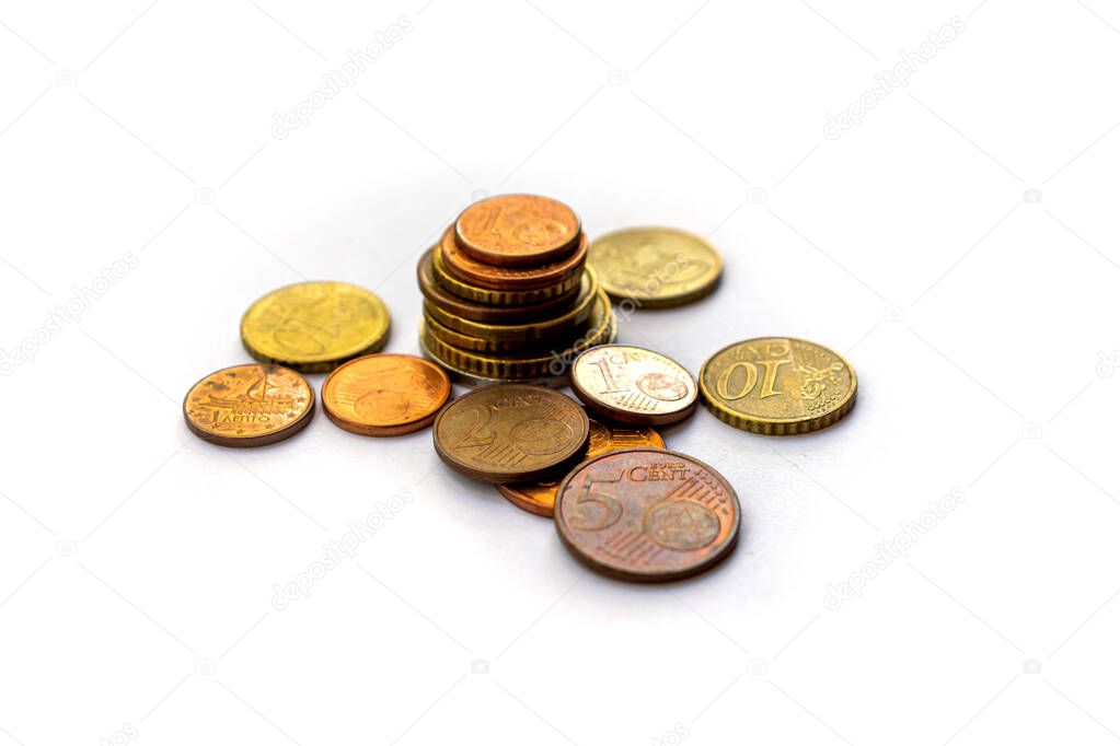 coins money euro cents rate of payment on white background