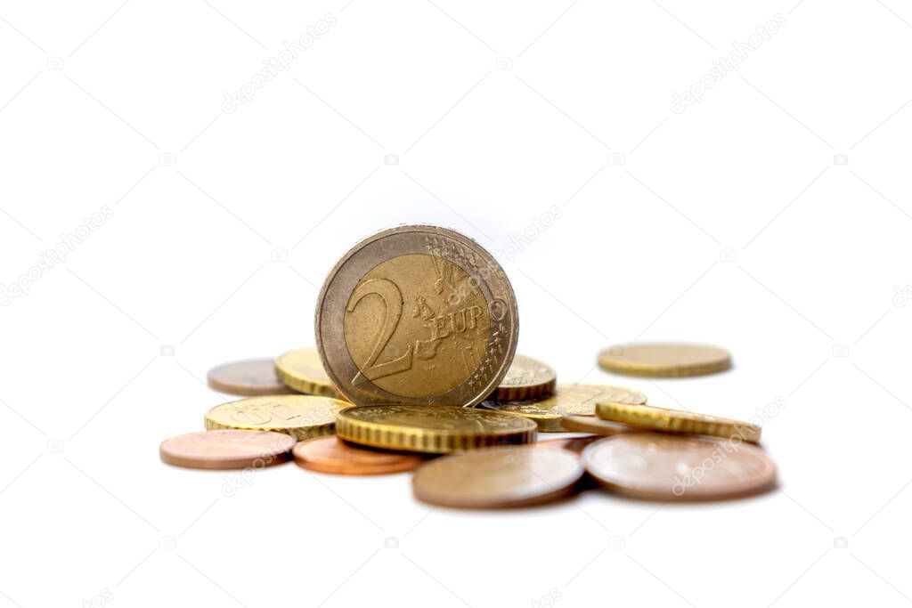 two euro coins money euro cents rate of payment on white background space for text