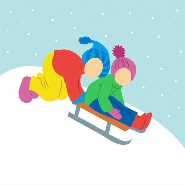 Dzieci Jeżdżą Sankach Śnieg Ilustracja Wektora Izolowana — Wektor stockowy