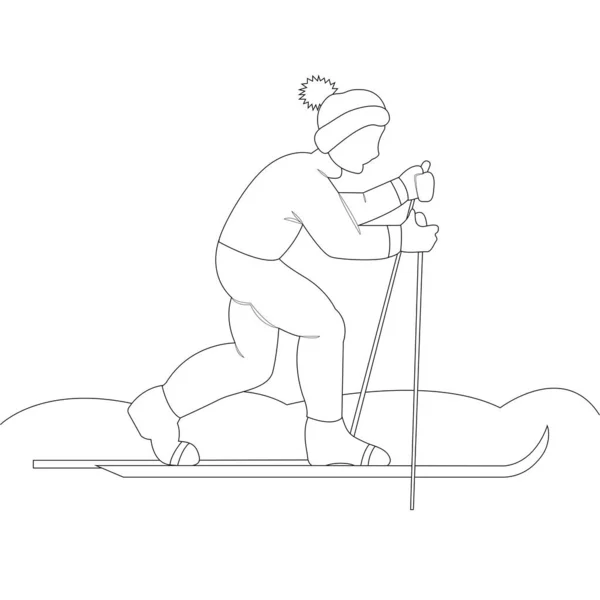 Coloriage Contour Garçon Skie Froid Hivernal Illustration Vectorielle Design Plat — Image vectorielle