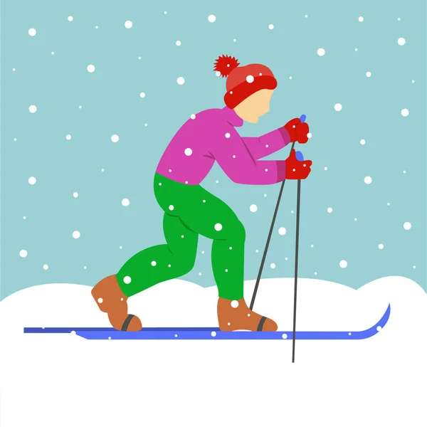 Jongen Aan Het Skiën Snoeien Winterkoud Weer Trendy Vlakke Design — Stockvector