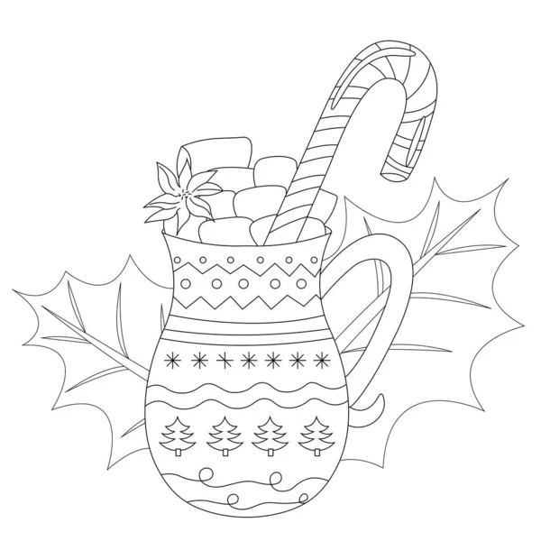 Dibujo Para Colorear Bebida Caliente Navidad Taza Con Chocolate Caliente — Vector de stock