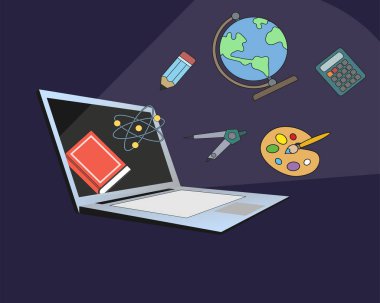 Parıltının geldiği online öğrenme bilgisayarı, içinde bir kitap, bir çift pusula, bir küre, bir hesap makinesi, bir molekül, bir fırçalı palet, bir kalem vektör karikatürü