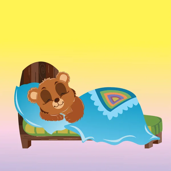 Character Little Teddy Bear Sleeping Pillow Bed Covered Blanket Vector — Stock Vector