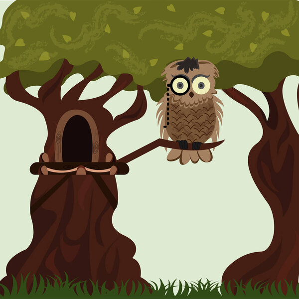 Сова, сидящая на ветке дерева возле полого дневного вектора мультфильма