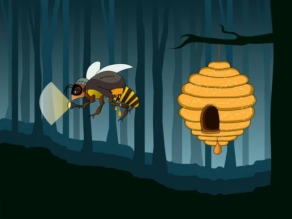 Wespendieb Stahl Honig Aus Bienenstock Fliegt Nachts Mit Einem Sack — Stockvektor