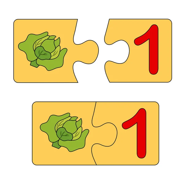 Vzdělávací hra pro děti. Najděte ten správný obrázek pro to číslo. Puzzle s číslem jedna a zelím. Puzzle Game, Mosaic. Čísla typů — Stockový vektor