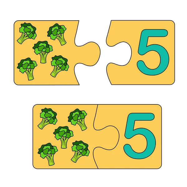 Vzdělávací hra pro děti. Najděte ten správný obrázek pro to číslo. Puzzle s číslem pět a brokolicí. Puzzle Game, Mosaic. Čísla typů — Stockový vektor