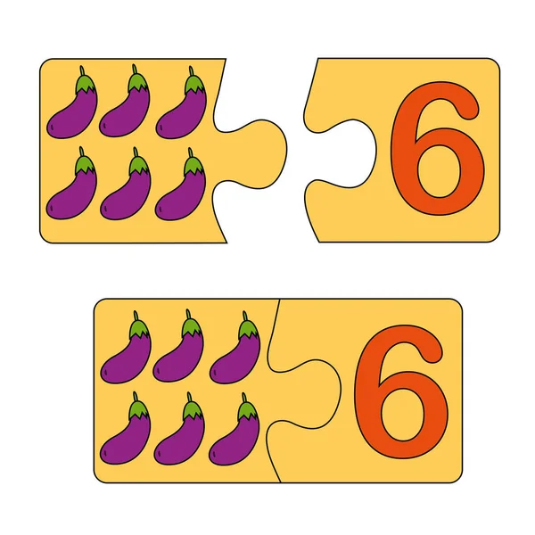 Juego educativo para niños. Encuentra la imagen correcta para el número. Puzzle con número seis y berenjena. Puzzle Juego, Mosaico. Número de tipo. — Archivo Imágenes Vectoriales
